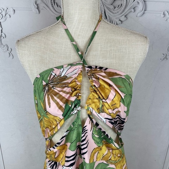 Bohemian Backless Halter Tropical Print Asymmetrical Hem Midi Summer Sundress - Picture 7 of 9